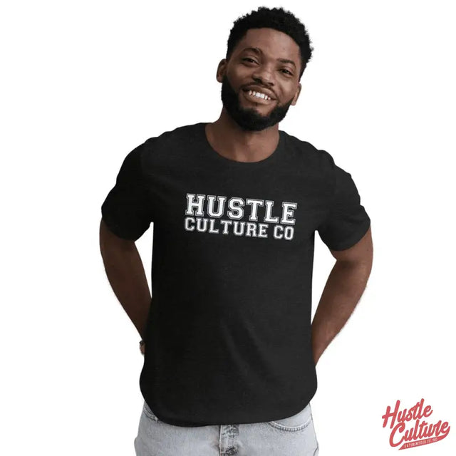 Man Wearing Black Hustle Culture Varsity T-shirt From Hut Culture