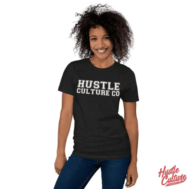 Woman Wearing Black Hut Culture Shirt In Heather Varsity T-shirt For Hustlers