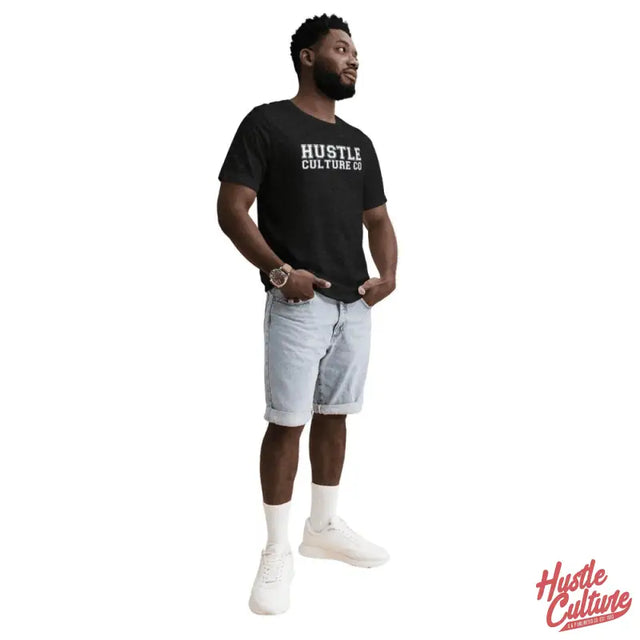 Man In Black Shirt And Shorts Modeling Heather Varsity T-shirt For Hustlers