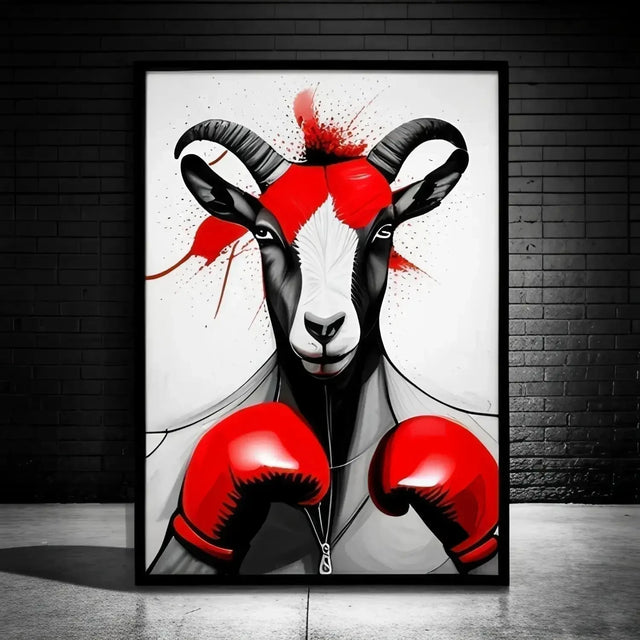 Painting Of a Goat With Boxing Gloves Symbolizing Hard Work To Become a True Champion.