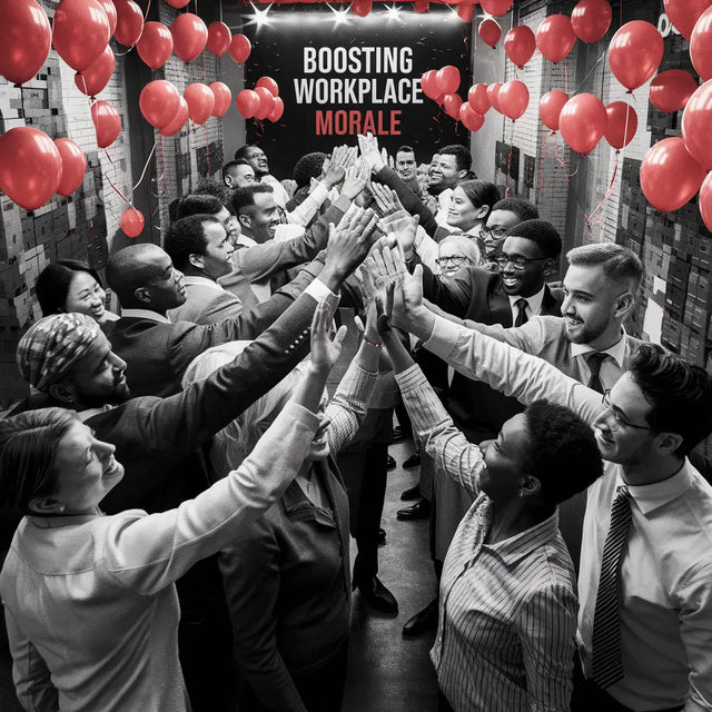 Employees Holding Hands In a Circle, Red Balloons Background—boosting Workplace Satisfaction.
