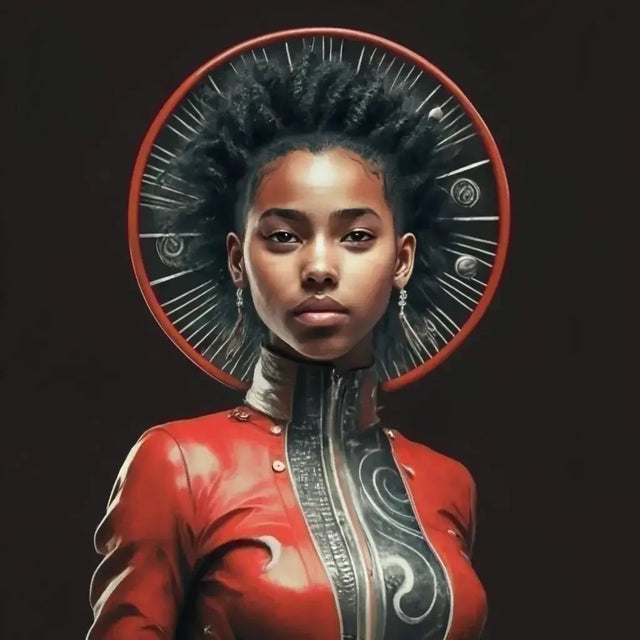 Woman In Red Dress With Headpiece Symbolizing True Potential And Personal Growth.