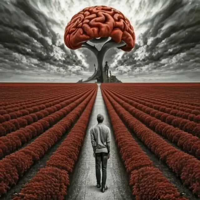 Man Walking In Field With Brain, Symbolizing Start Achieving Goals Past Failures.