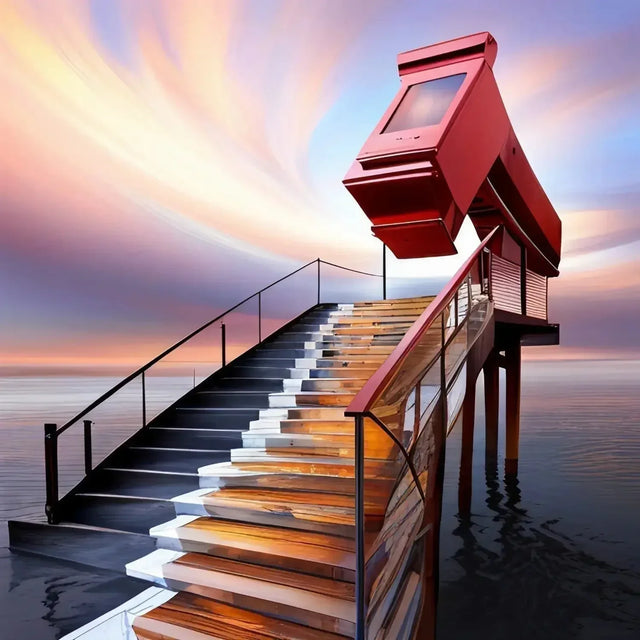 Red Mailbox On a Dock Steps Symbolizing Personal Growth Journey In Hustle Culture.