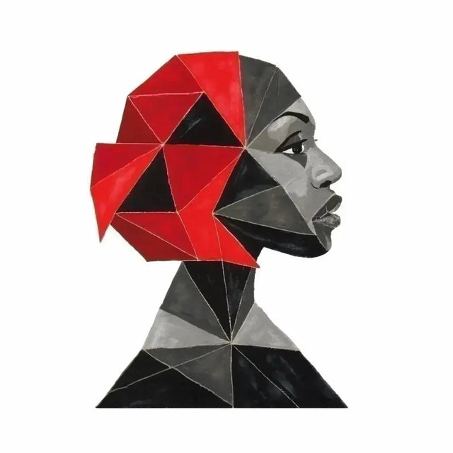 Embrace Change With Woman’s Head Amidst Red And Black Geometric Shapes, Symbolizing Self-development.