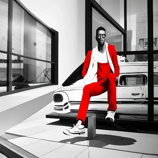 Man In Red Pants Embracing ’what If’ By Sitting On a Car, Symbolizing Hustle Culture.