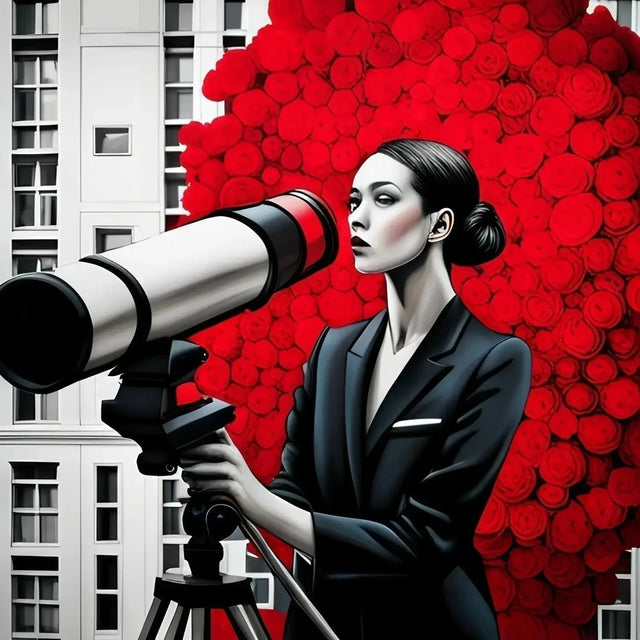 Woman In Suit Using Telescope Symbolizes Evolving Personal Vision And Learning Mindset.
