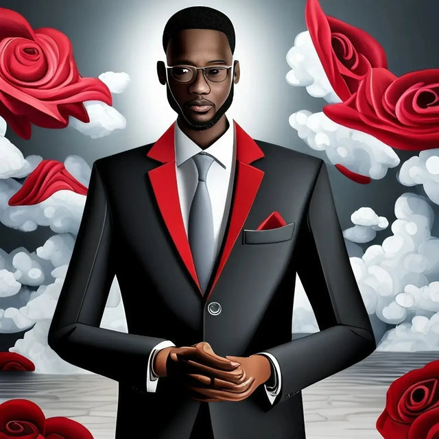 Man In Suit Trusts God Amid Life’s Challenges, Standing Before Roses, Symbolizing Hope.