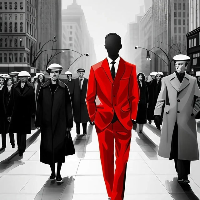 Man In Red Suit Symbolizing Unique Voice Walking Down Street In Crowded Market