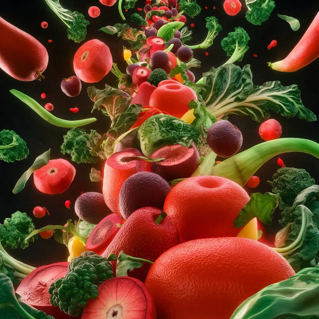 Colorful Fruits And Veggies Flying, Showcasing Healthy Eating Habits.