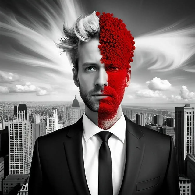 Man With Red Flower On Head Symbolizing Personal Growth In Healthy Relationships.