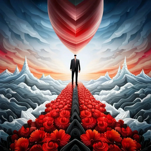 Man Standing On Mountain Amidst Red Flowers Symbolizing Decision Making In Life Journey
