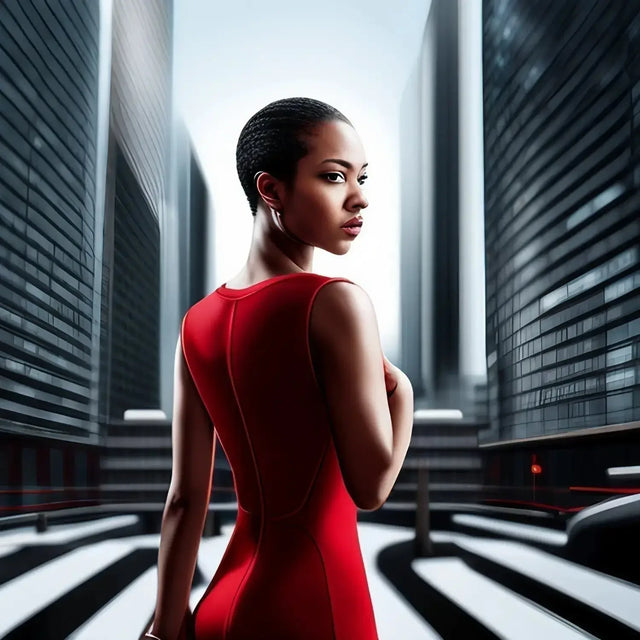 Woman In Red Dress Symbolizing Hubris Vs. Humility In Effective Leadership, City Background.