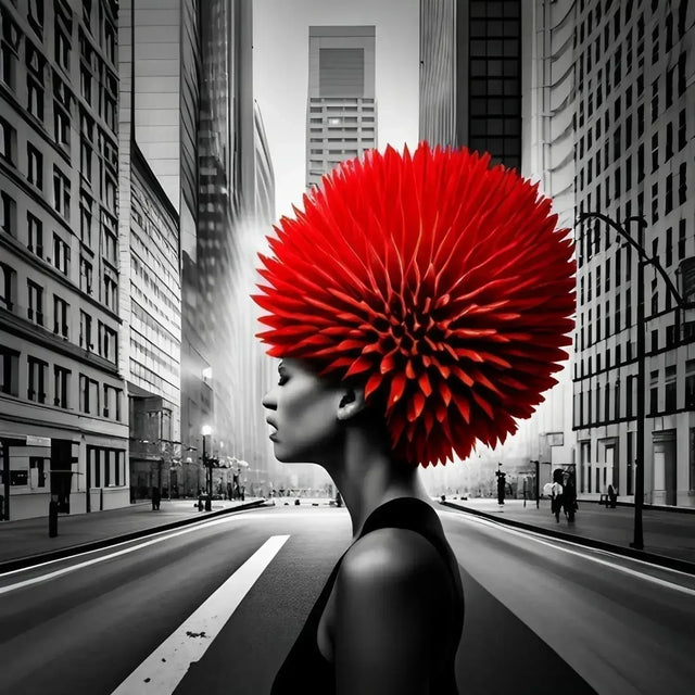 Woman With Red Flower Symbolizing Hustle Mentality And Reaching Success For Continuous Growth.