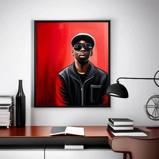 Painting Of a Man In Sunglasses Represents Work Life Integration On a Desk.