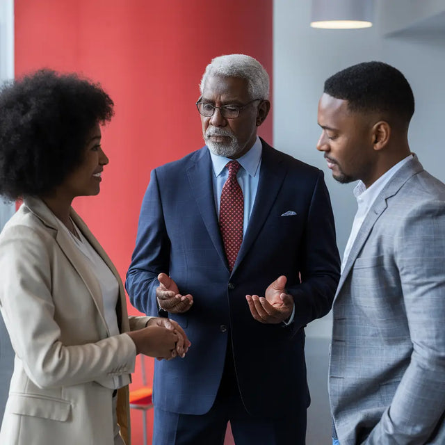 Transformational Mentorship: Man In Suit Discussing Leadership With Two Women.