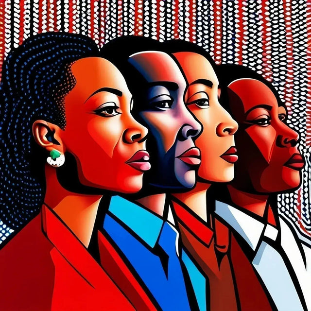 Painting Of Women In Red And Blue Representing Hustle Culture Team Members.