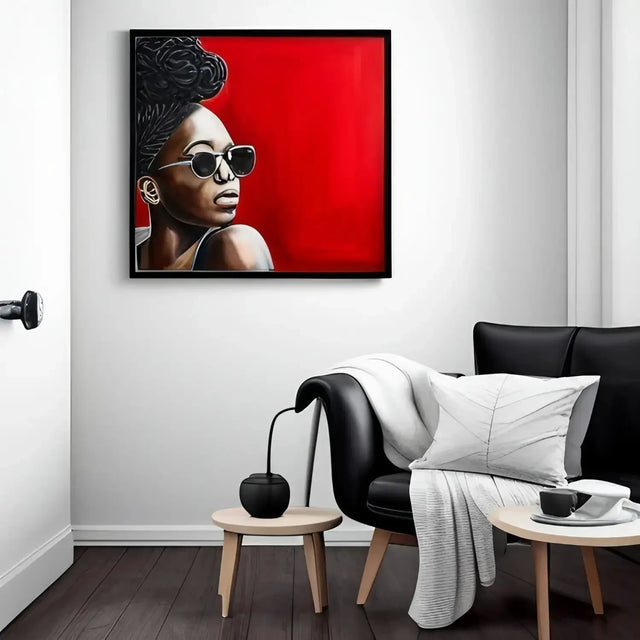 Woman In Sunglasses Painting Representing Problem-solving Skills On Red Background.