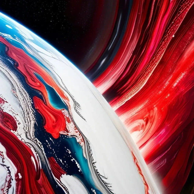 Abstract Red And White Painting Reflecting Hustle-centric World With a Planet Backdrop.