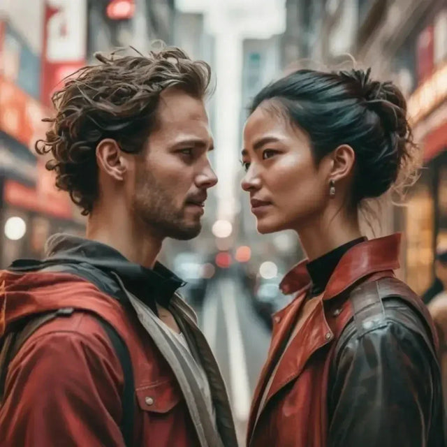 Man And Woman In Red Jackets Finding Balance In Daily Life Amidst a Hectic World.