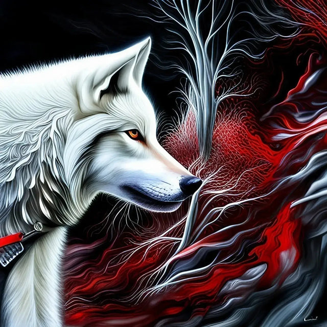 White Wolf With Red Eyes Symbolizing ’corporate Carnivores’ Series On Black Background.