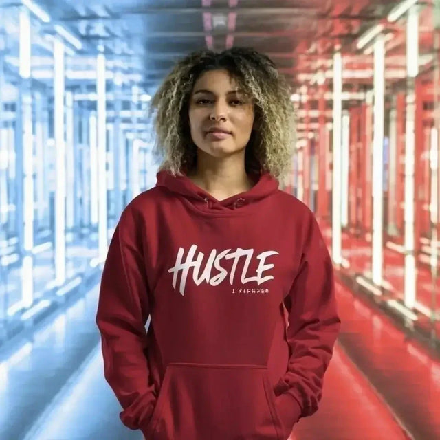 Woman In Red Hoodie With ’ht’ Embodying Hustle Culture And Time Management Success