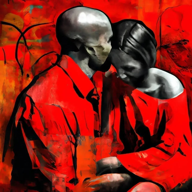 Painting Of Couple Kissing With Red Background Symbolizing Navigating Conflicts In Life Vision.