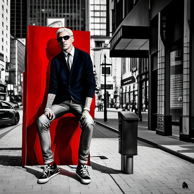 Man On Red Chair In City Embodying Personal Growth On Transformation Journey.