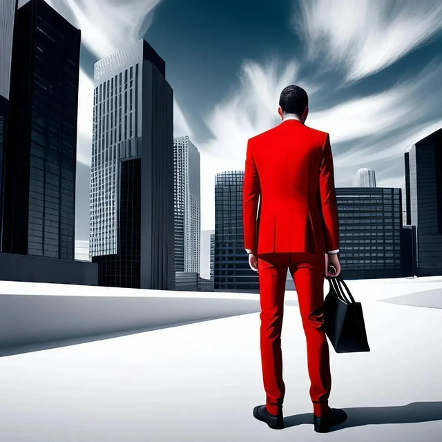 Man In Red Suit Symbolizing Year’s Resolutions Walking Towards Successful Year Ahead