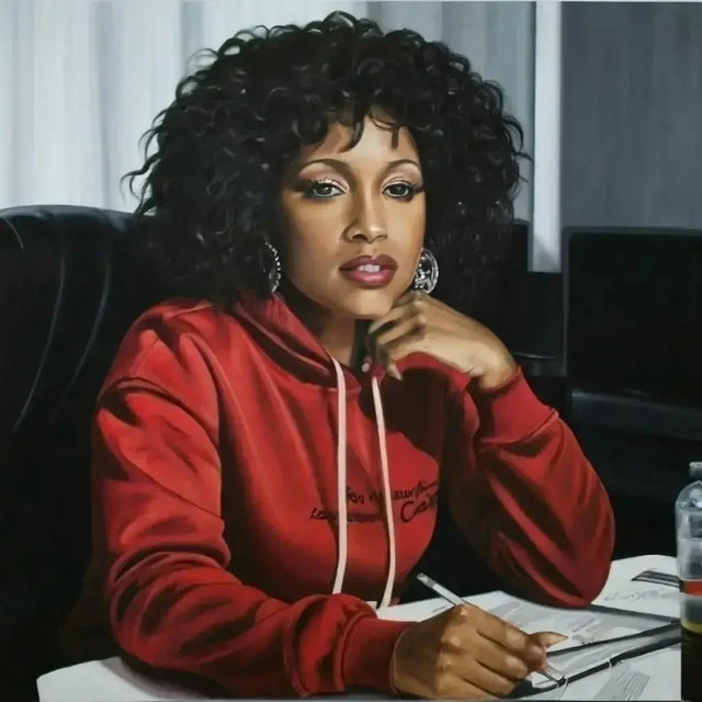 Painting Of a Woman Finding Balance At a Desk In a Fast-paced World