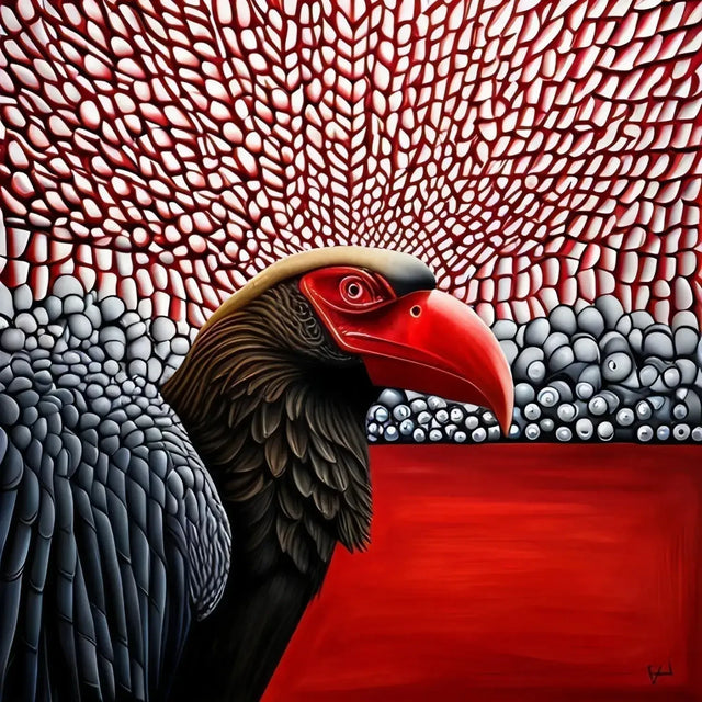 Red-feathered Bird Painting Symbolizing ’vulture Culture’ In The Corporate World.