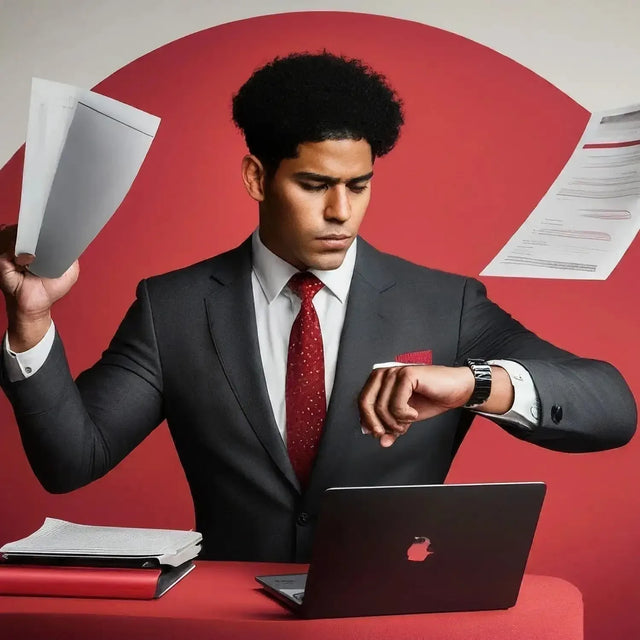 Man In Suit With Laptop And Papers Illustrating Achieving Goals In Hustle Culture.