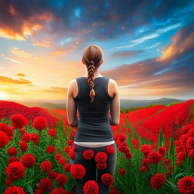 Woman In Red Flower Field Symbolizing Gratitude In Hustle Culture Mindset.
