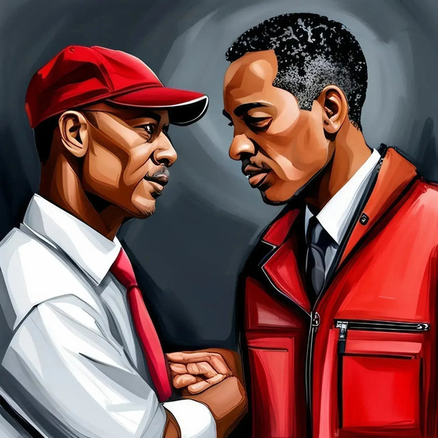 Two Men In Red Jackets Discussing Valuable Insights In a Mentor Mentee Hustle Culture Setting.