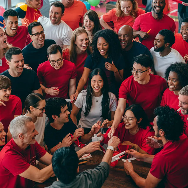 A Supportive Company Culture: Group In Red Shirts Collaborating Around a Table.