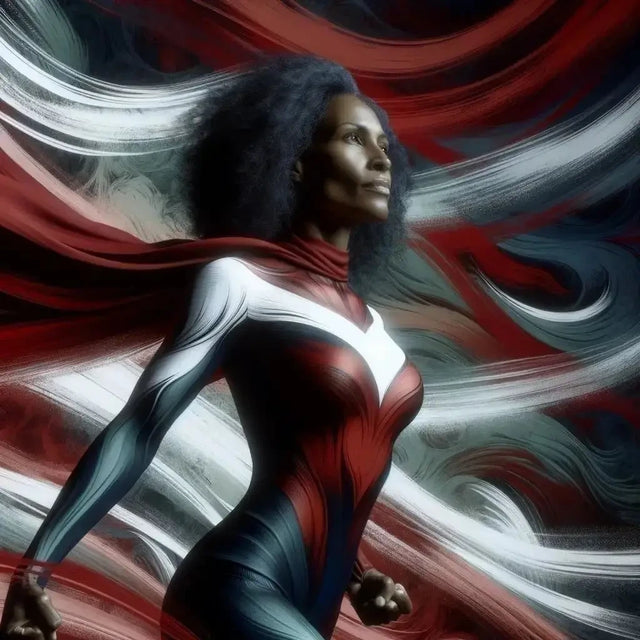Woman In Superhero Costume Symbolizes Thriving Amidst Adversity And Problem Solving.
