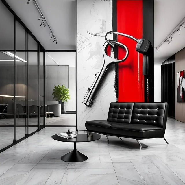 Black And White Living Room With Red Wall For a Productive Lifestyle And Healthy Habits.