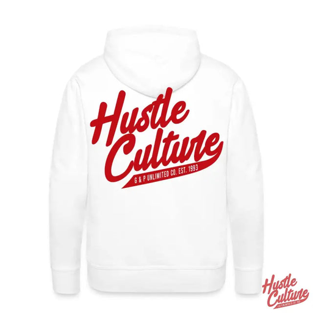 Modern White Hustle Culture Hoodie With Red Lettering - Ambition & Perseverance Hoodie By Hustle Culture