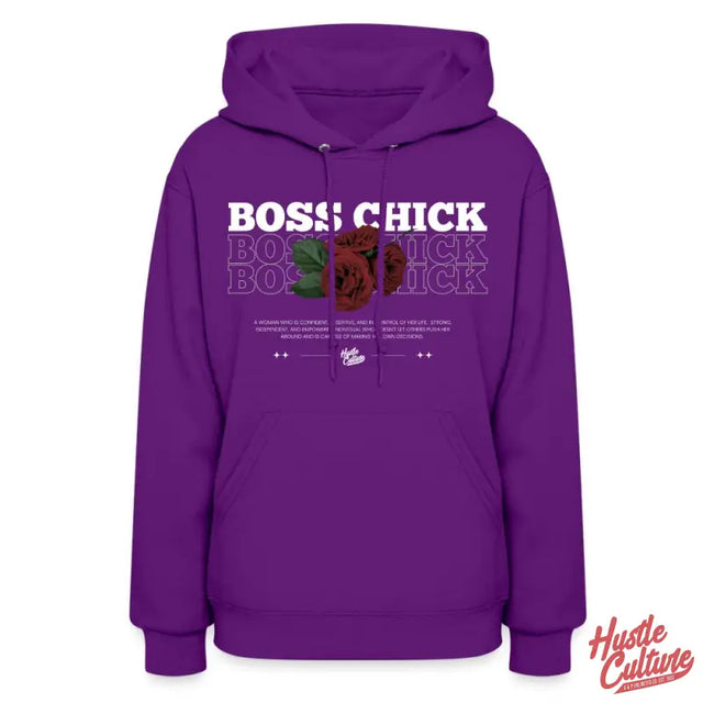 Empowered Chick Hoodie Showcasing a Purple Hoodie With ’bock’ Text And Rose Design