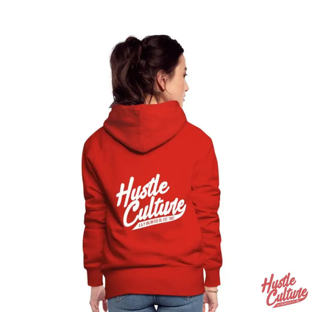 Empowering Girl Hoodie: Woman In Red Hoodie With ’hut And Hut’ Design