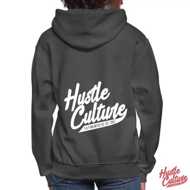 Woman In ’empowerment Blend Hoodie’ With ’hoe Culture’ Displayed In White On Black Hoodie