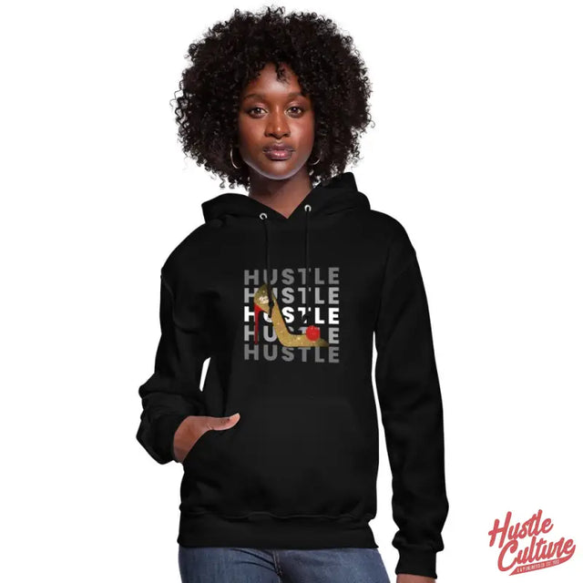 Empowerment Blend Hoodie With Woman Wearing Black Hoodie Featuring ’hustle Hustle Hustle