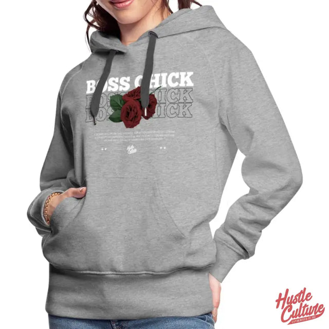 Woman Wearing Grey Empowerment Hoodie By Hustle Culture With Rose Design
