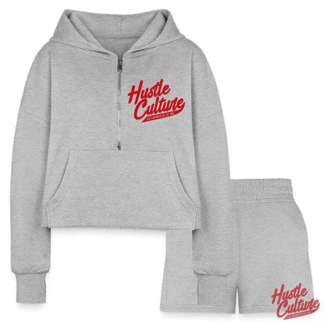 Grey Empowerment Set: Women’s Cropped Hoodie & Shorts With ’huie’ Print