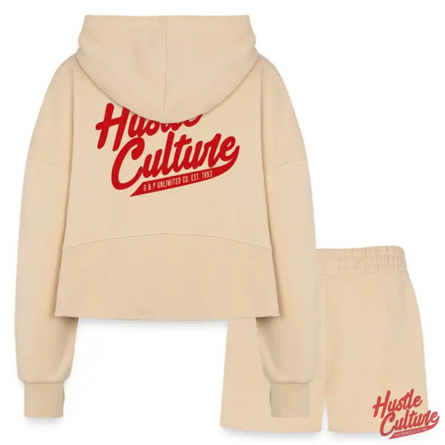 Empowerment Set: Women’s Cropped Hoodie & Shorts With ’huie’ Signage, Hustle Culture Collection