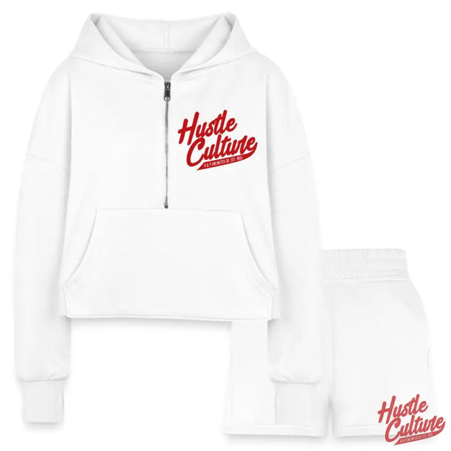 White Women’s Cropped Hoodie And Shorts Set With ’hustle Culture’ Text