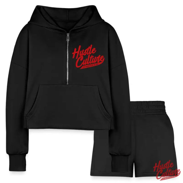 Black Cropped Hoodie And Shorts Set With ’hate Culture’ Slogan From Empowerment Set: Hustle Culture