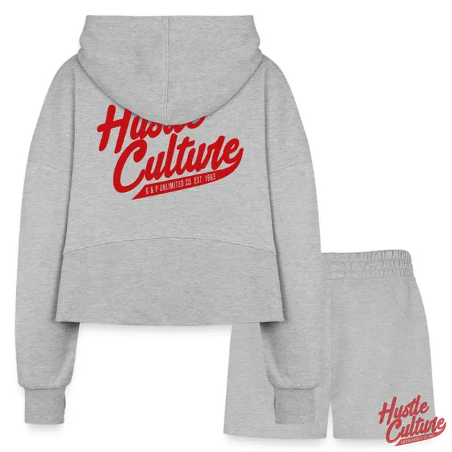Grey Cropped Hoodie And Shorts Set With Red ’h’, From Empowerment Set: Hustle Culture Cropped Hoodie & Jogger