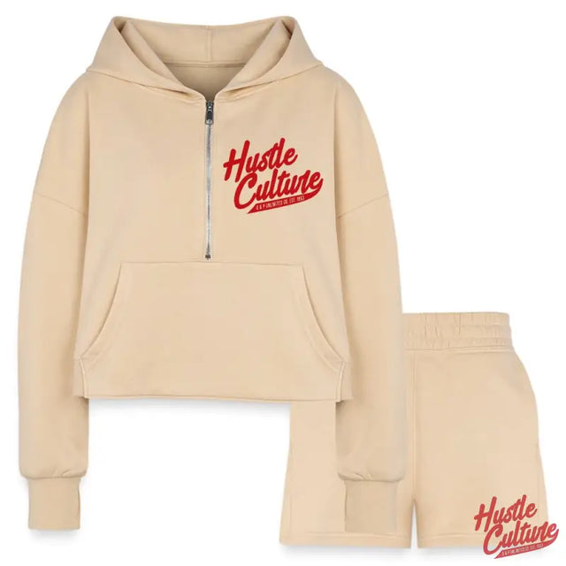 Empowerment Set: Women’s Cropped Hoodie & Jogger Showcasing a Close-up Of a Hoodie And Shorts