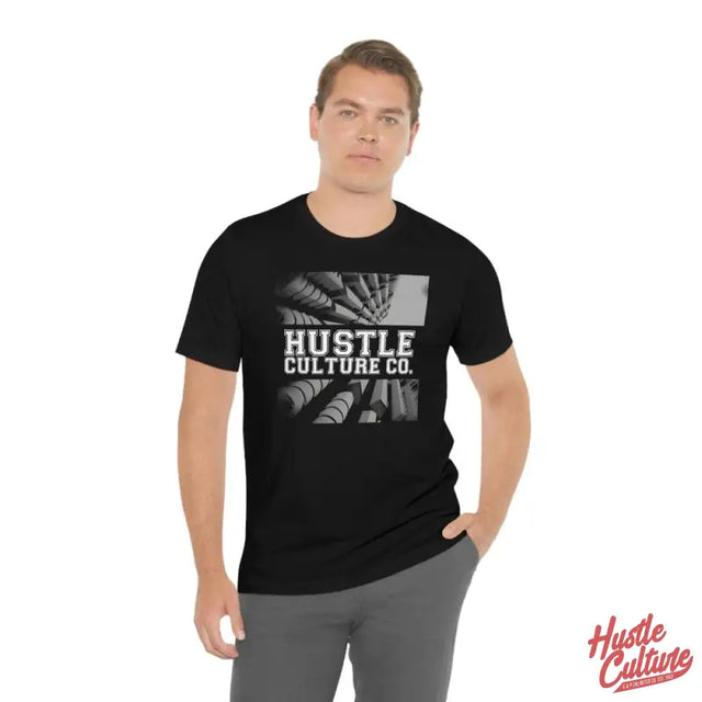 Man Wearing Black ’hut Culture’ Tee From Hustle Culture Brand